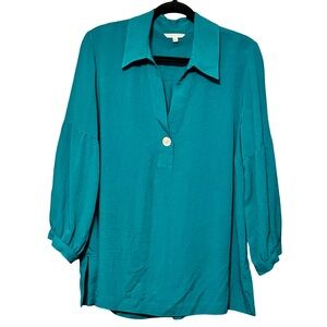 John Mark Lagenlook Teal Blue 3/4 Sleeve Collared V-Neck Blouse Top Large